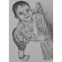 A full-body A4 sketch of a curious toddler learning to stand. I loved capturing the adorable pose and the pattern on the baby's clothes.