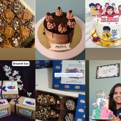 Here is a collage of some of the different Rakhi orders I prepared. You can see custom cakes, brownie boxes, and even a fun themed cake, showing the variety of sweet gifts you can send to your sibling.