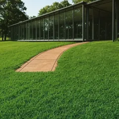 This image highlights how a simple pathway can lead to a striking glass structure, making it an integral part of the garden design. We aim to integrate our prefab rooms as natural extensions of your landscape.
