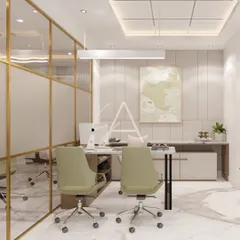 A view of the same office cabin from a different angle, highlighting the clean lines of the furniture and the use of paneled walls. The abstract green artwork adds a splash of color and nature-inspired calm to the professional setting.