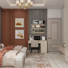 This elegant shared bedroom for two features classic wall paneling and sophisticated colors. Each child has their own bed and access to a shared desk and wardrobe, creating a grown-up feel that's perfect for older siblings.