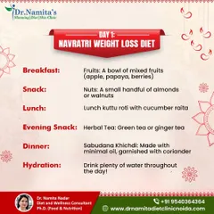 Here is Day 1 of my Navratri Weight Loss Diet. Start with a bowl of mixed fruits, snack on almonds, have kuttu roti for lunch, and enjoy a light sabudana khichdi for dinner. Remember to drink plenty of water.