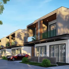 A render of the row houses designed for the 'Westend' community. The design maintains a consistent modern aesthetic across all units while allowing for individual character.