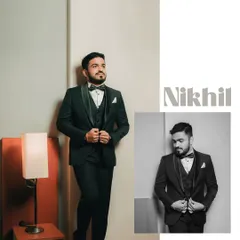 A collage showing the groom, Nikhil, looking confident and ready for his big day. This captures both a full-length pose and a candid moment.