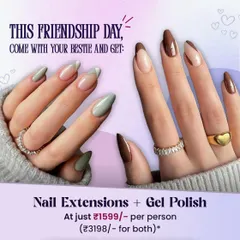 Our Friendship Day offer for you and your bestie. This deal includes nail extensions and gel polish for two, so you can bring your BFF and glam up together.