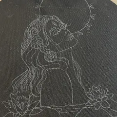 Every gold leaf piece begins with a detailed sketch. Here is the initial drawing for the spiritual figure, mapping out every line before the gold foil application begins.