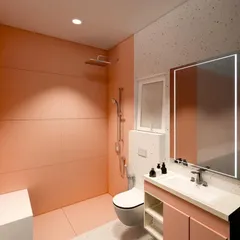 This is the 3D render we created for a client's bathroom, visualizing a soft, modern aesthetic with pink and terrazzo finishes.