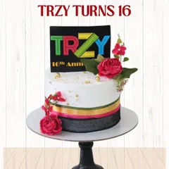 A vibrant and festive cake for Trzy's 16th anniversary. This design includes the company's colorful logo on a topper, complemented by fresh flowers and coordinating ribbons.