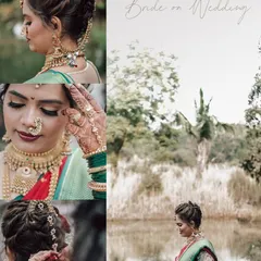 This collage showcases the details of a Maharashtrian bridal look, from the intricate hairstyle and jewelry to the flawless makeup. It's a complete vision of bridal elegance.