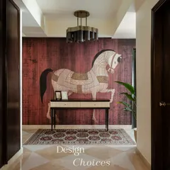This is the same hand-illustrated horse mural from a different angle, showing how it commands the entryway. The artwork is not just a decoration but a powerful statement piece that defines the character of the home.