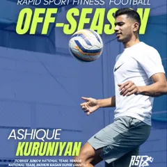 A promotional graphic featuring professional footballer Ashique Kuruniyan, who successfully completed his ACL rehab with us. His testimonial highlights our comprehensive approach, guiding him from rehab to return-to-sport and back to competing at the highest level.