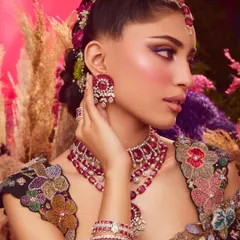 From another angle, you can see how the colorful makeup, hair, and styling all come together to create a cohesive and stunning visual story.