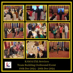 A collage capturing the dynamic team-building activities from the KAM & EXL Services outbound event. You can see the blend of focused indoor sessions and energetic group exercises that we design to improve team synergy.