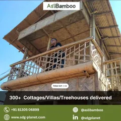 We have delivered over 300 custom bamboo structures, including cottages, villas, and treehouses like the one pictured here. This elevated cottage with a balcony is a perfect example of how we blend our structures into their natural surroundings.