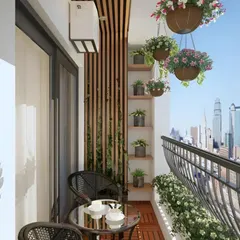 This view showcases a similar modern design with a focus on vertical elements. The slatted wood panel features built-in shelves for small plants, and hanging planters draw the eye upward, making the space feel taller.