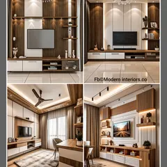 Four stylish TV unit designs featuring a mix of white and wood with vertical slat details. These concepts show how to blend textures and lighting to create a sophisticated entertainment center.