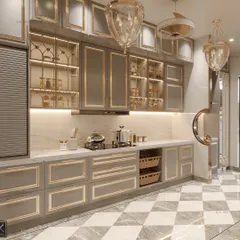 The kitchen is the heart of the home, a place of serenity and creation. We designed this space with bespoke floor inlays and a statement pantry featuring mirrored shutters and golden iron detailing, blending timeless sophistication with everyday functionality.