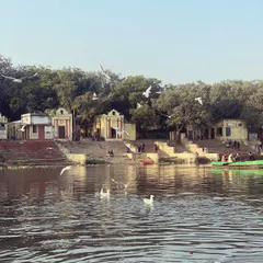 A view of the historic ghats and small temples that line the banks of the Yamuna River, seen from our boat.