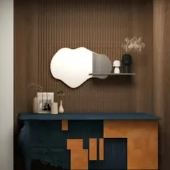 This lobby highlight features a bespoke console table with a unique sculpted design, set against a backdrop of rich wooden paneling.