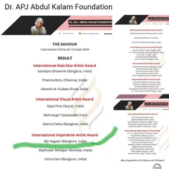 The official results list from the 'The Saviour' International Online Art Contest, where I was named an 'International Inspiration Artist Award' winner.