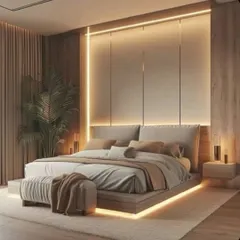 A floating bed with under-lighting creates a stunning visual effect and makes the room feel larger. The wood-paneled wall with vertical light strips adds warmth and sophistication.