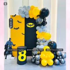 A sleek Batman-themed birthday for an 8-year-old, using a classic yellow and black color scheme, bat symbol backdrop, and a character cutout of the Dark Knight.
