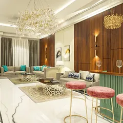 A closer look at the integrated bar area within the living room, designed for seamless entertaining. The custom wine rack, illuminated by dedicated sconces and a smaller chandelier, creates a sophisticated corner that complements the main living space.