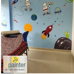 A fun and colorful outer space theme for a child's room, complete with astronauts, rockets, and planets. This kind of wall art makes a room a magical place for kids.