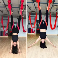 A supported handstand using the hammock is a great way to build the strength and confidence needed for the full floor-based pose. It takes the pressure off your neck and shoulders while still providing all the benefits.