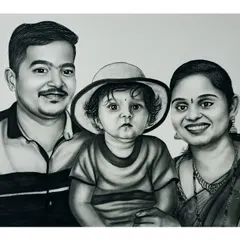 A beautiful family portrait done in charcoal, capturing the parents and their young child. This is a wonderful way to create a family heirloom.