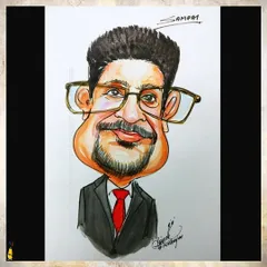 A handmade, colored caricature of a man in a suit. The exaggerated features and bold colors are hallmarks of my classic caricature style.