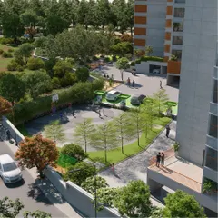 Even functional areas like parking are thoughtfully designed. Here, a basketball court and play area are integrated into the site plan, providing active recreational zones for residents of all ages.