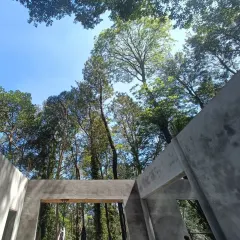 A view from within a construction site, looking up at the sky. Even during the build phase, we are always conscious of framing views and connecting the structure to the natural world around it.