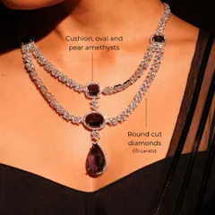 A bridal masterpiece featuring a symphony of cushion, oval, and pear-shaped amethysts, crowned with 15 carats of brilliant round-cut diamonds. It is designed to shimmer with a regal grace that feels both grand and personal.