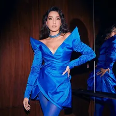 For another FIFA World Cup appearance, I styled Nora Fatehi in this bold, electric blue Nicolas Jebran dress. The structured shoulders and draped design created a powerful, fashion-forward look.