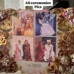 This intricate varmala preservation frame was a special project celebrating a Jain and Bihari union. I incorporated traditional symbols, wedding photos, and flowers from their ceremony to create a piece that beautifully blends their two cultures into one story.
