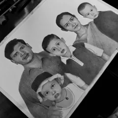 A finished A3 size family portrait, capturing three generations in one frame. It’s an honor to turn a cherished family photograph into a hand-drawn piece of art that will be treasured for years.