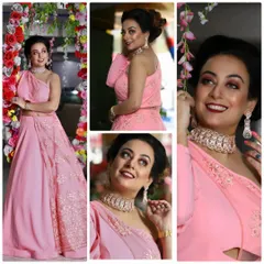 A beautiful client collage in a lovely pink lehenga set. The one-shoulder blouse and embroidered skirt make for a graceful and modern party look.