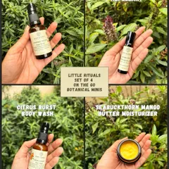 Meet the "Little Rituals" set, a perfect introduction to my botanical world. It features four of my bestsellers in travel-friendly sizes: a Citrus Burst Body Wash, Turmeric Facewash, Seabuckthorn Mango Butter Moisturizer, and a Citronella Mosquito Repellant.