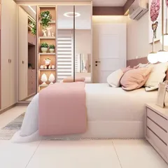 This soft and feminine bedroom design uses shades of pink and cream to create a warm and inviting atmosphere. The mirrored wardrobe with integrated shelving provides both storage and a place to display personal items.
