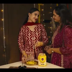 A still from a Diwali ad film for Vastu Ghee. The makeup for the main actress was warm, festive, and glowing to match the celebratory mood of the scene.