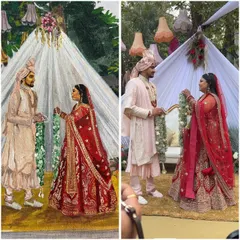 From real life to canvas. This shows the Varmala moment as it happened and how I translated it into a timeless piece of art, keeping the essence of the decor and the couple's interaction.