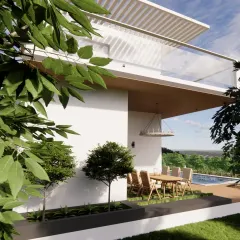 This perspective shows how the villa's outdoor patio and pool area are framed by lush greenery. We carefully planned the landscaping to enhance privacy while maintaining a strong connection between the interior living spaces and the natural surroundings.