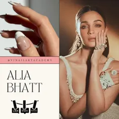 We love Alia Bhatt's elegant and minimalist style. This graphic showcases her classic French manicure with delicate pearl accents, a look we can perfect for you.
