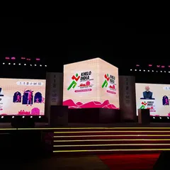 The stage for the Khelo India University Games launch event, featuring a message from the Prime Minister. Our team provided show running and content management for this nationally significant event.