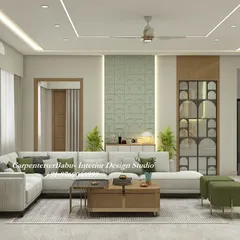 A full view of a 3BHK living room designed with soft pastels and earthy tones. The combination of a light-colored sofa, green ottomans, and wooden furniture creates a refreshing and calming atmosphere. The 3D wall panel and unique display unit add a modern, artistic touch.