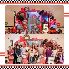 Start your engines! A race car-themed 5th birthday for Taksh, featuring a checkered flag motif, a race track backdrop, and a cool driver character cutout.