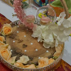 For your special moment, I design custom engagement ring platters. This rustic wooden platter with delicate flowers and personalized engraving is just one example of how we can make your ring ceremony unique.