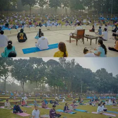 A collage from the first World Meditation Day. Ashram residents and students from our schools came together to meditate, celebrating oneness and anchoring themselves in gratitude.