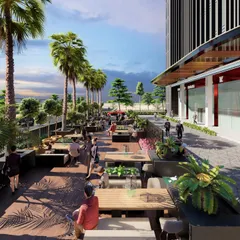 We designed this Grade-A business building on the Noida-Greater Noida expressway with sprawling green outdoor spaces. The retail and cafe areas open directly onto these patios, blurring the line between indoors and outdoors and creating a vibrant, welcoming atmosphere for employees and visitors.